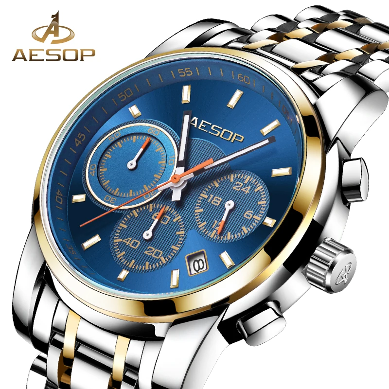 

AESOP Sport Quartz Men's Watch Military Stainless Steel Band Male Wristwatch Clock Waterproof Business Relogio Masculino Hodinky
