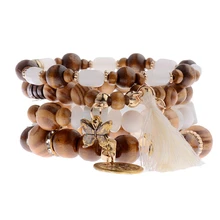 4 цвета, богемные деревянные браслеты для женщин, красочные бусины, кисточки и бабочки, модные браслеты из бисера HXB025