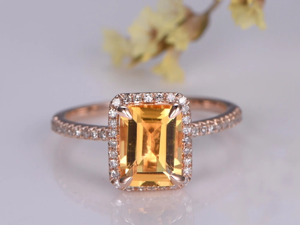 Art Deco Ring Yellow Gold White Gold SOLID 14k Citrine Baguette Ring Rose Gold November Birthstone Gold Citrine Baguette Ring