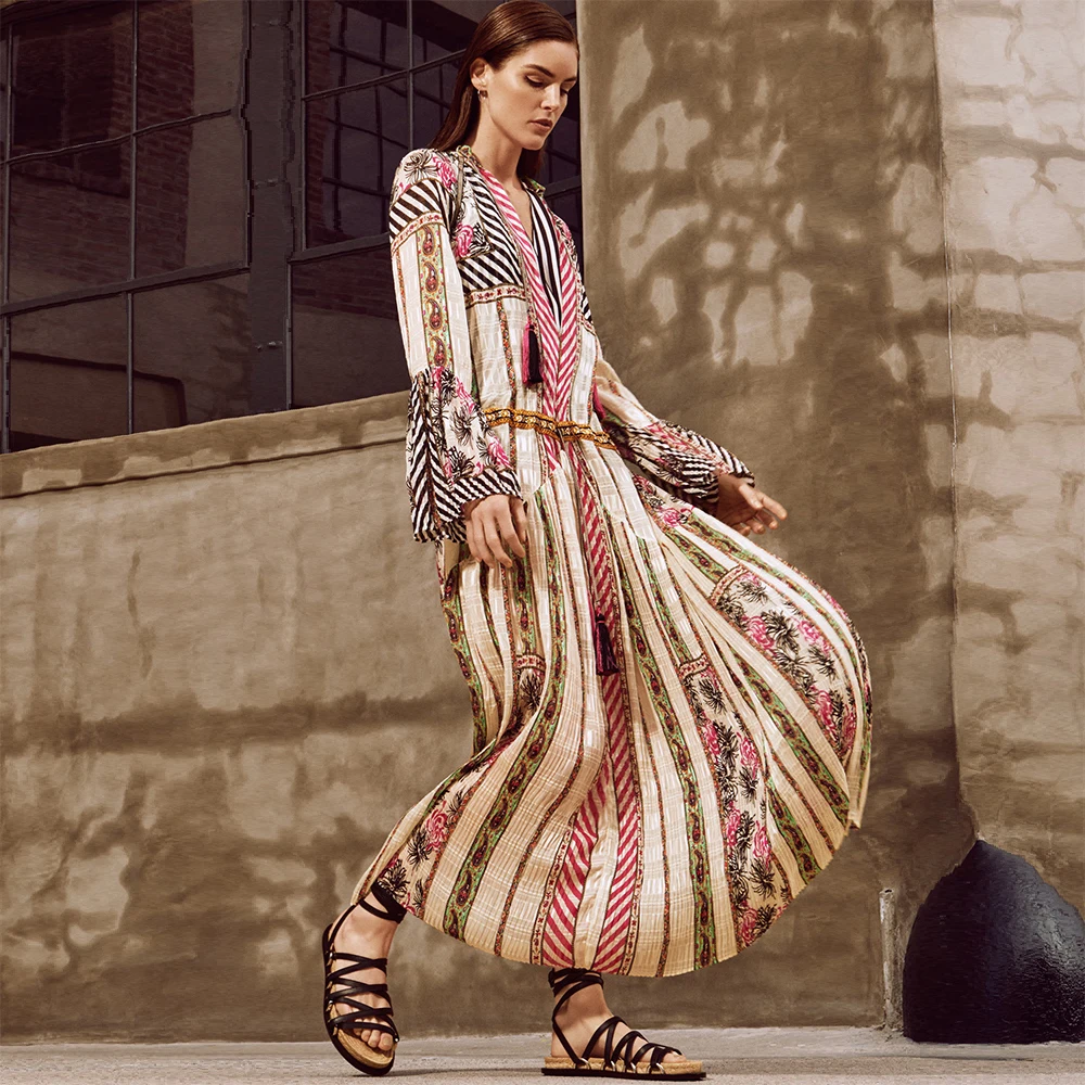 

KHALEE YOSE High Quality Floral Maxi Dress Autumn Boho Hippie Long Holiday Dress Flare Sleeve Tassles Tie Up Vintage Beach Dress