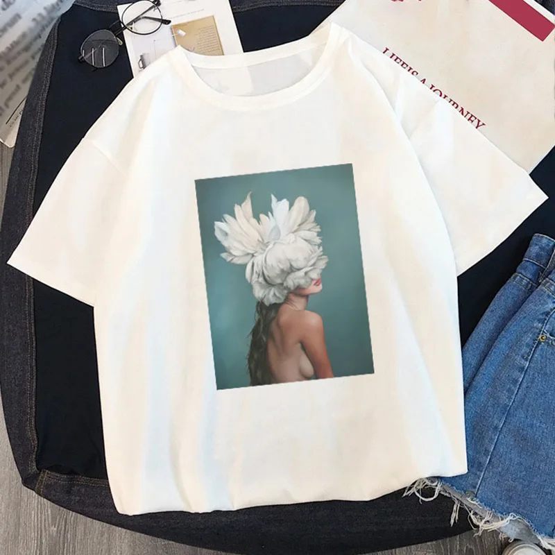 

Sexy O-neck Floral Feather Print Women's T-shirt Short Sleeve Girls Loose T Shirts Tops 2019 Summer Casual Couple T-Shirts