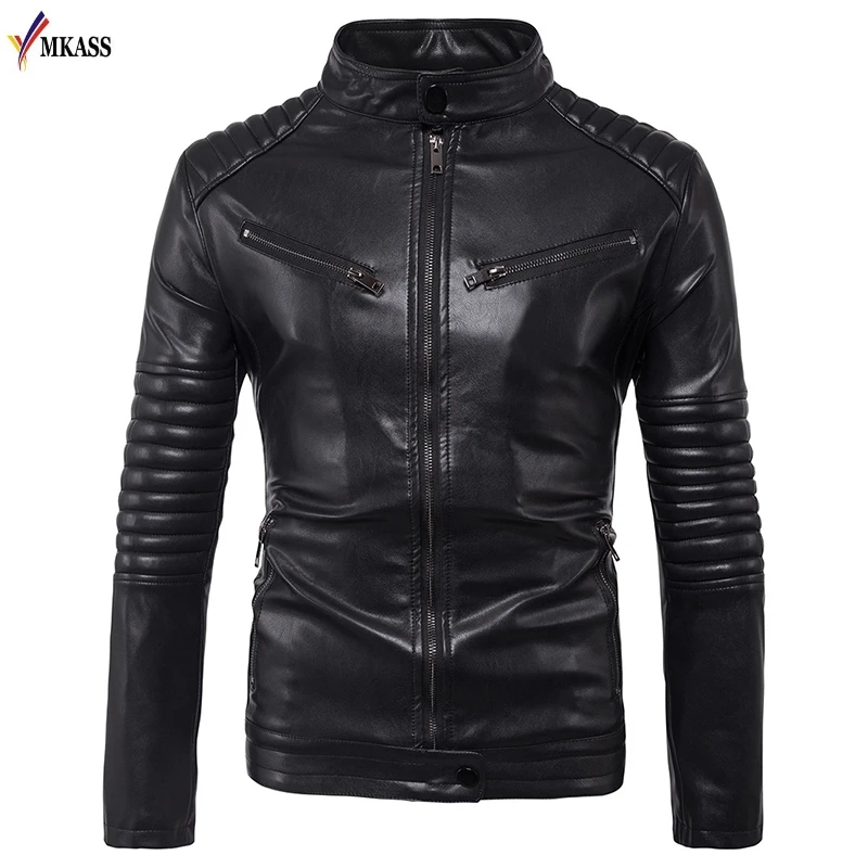 Autumn Stand Collar Men PU Leather Jacket Black Vintage Punk Motorcycle Jackets Solid Faux Fur Leather Coat 5XL jaqueta de couro