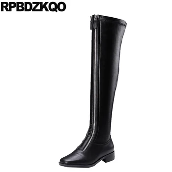 

Long Flat Stretch Over The Knee Shoes High Quality Waterproof Genuine Leather Black Square Toe Zipper Slim Brand Women Winter