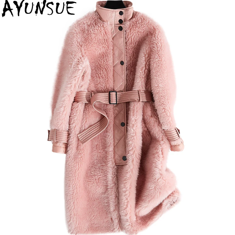 

AYUNSUE 2019 Women's Real Fur Coat Thick Lamb Wool Fur Jacket Long Sheep Shearling Female Jackets Winter Coats for Women F24145