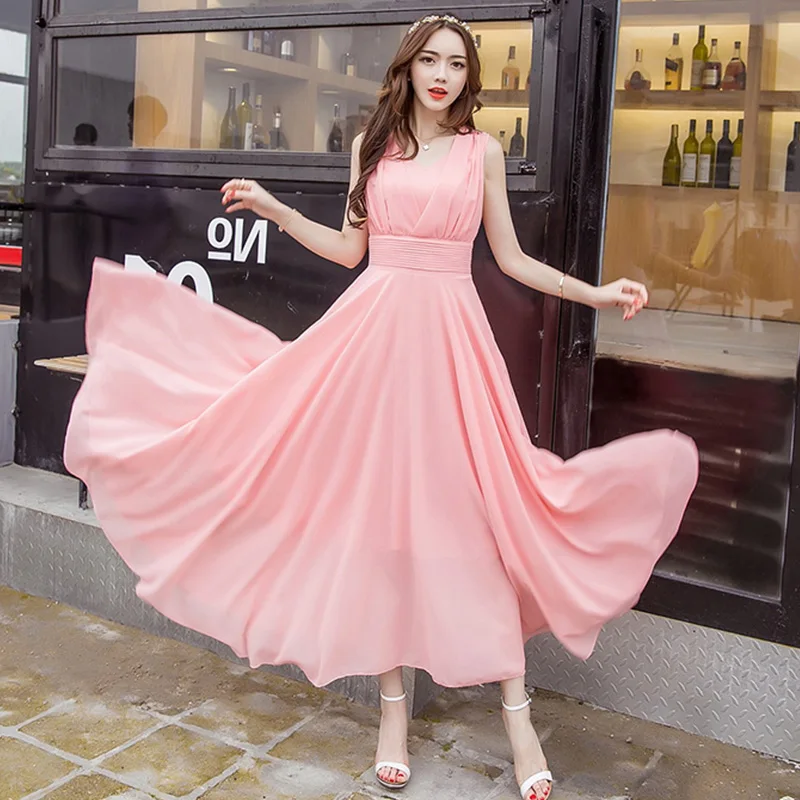 

2019 Large size Solid color Chiffon Long dress Summer Fashion Sleeveless A-line Bohemian Beach Long Dress aa832
