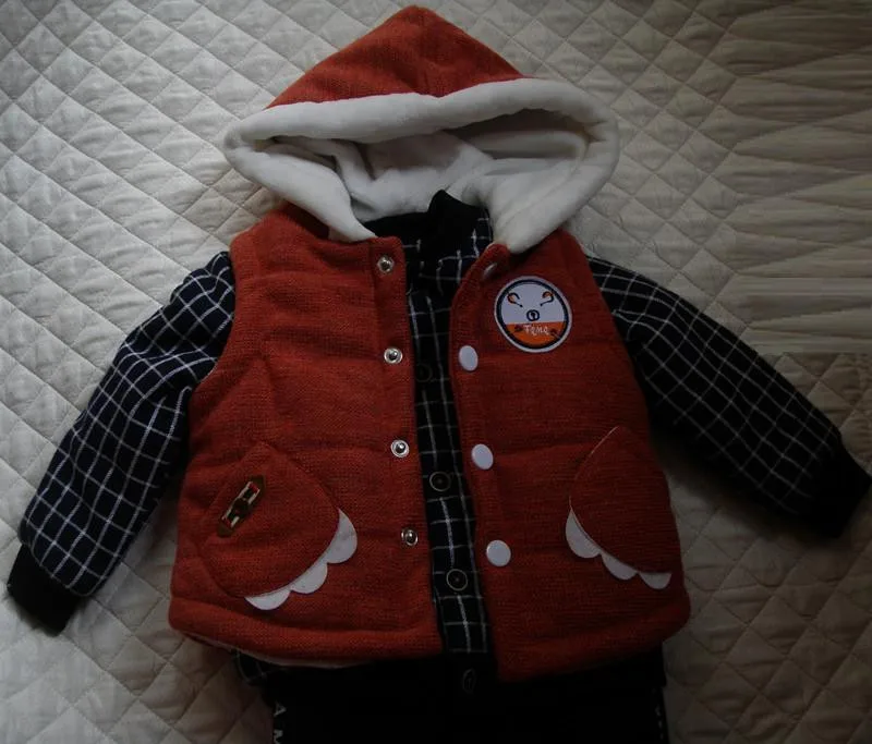 Baby Boys Girls Hooded Vest Plaid Coat Black Pant Sets 27