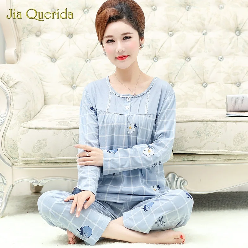 

Mom Pajamas Women Spring and Autumn Cotton Long Sleeve Loungerwear Women Plus Size Leisure Sleeping Suit Home Clothing Lingerie
