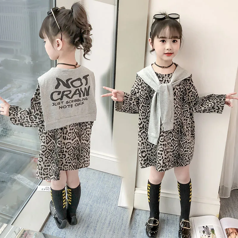 

Fashion Leopard Girls Dresses Long Batwing Sleeve Soft Loose Baby Kids Clothes Casual Girls Outfits Vestidos for 6 8 10 12 Years