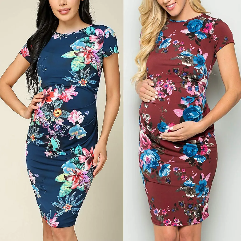 Женские платья для беременных Одежда для беременных с коротким рукавом с круглым вырезом цветочный принт Одежда для беременных Платья для беременных