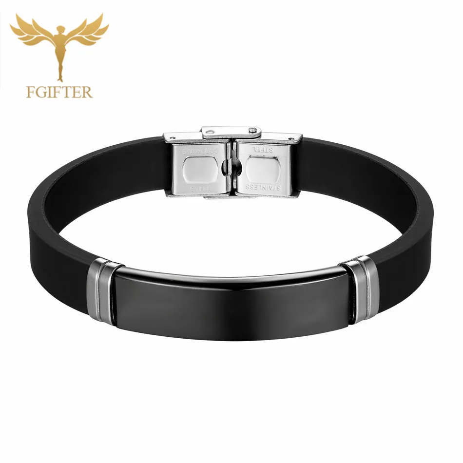 

Fgift Fashion Black Bracelets Black Stainless Steel Silicone Bracelet Good Quality Jewelry Men Women Bangles