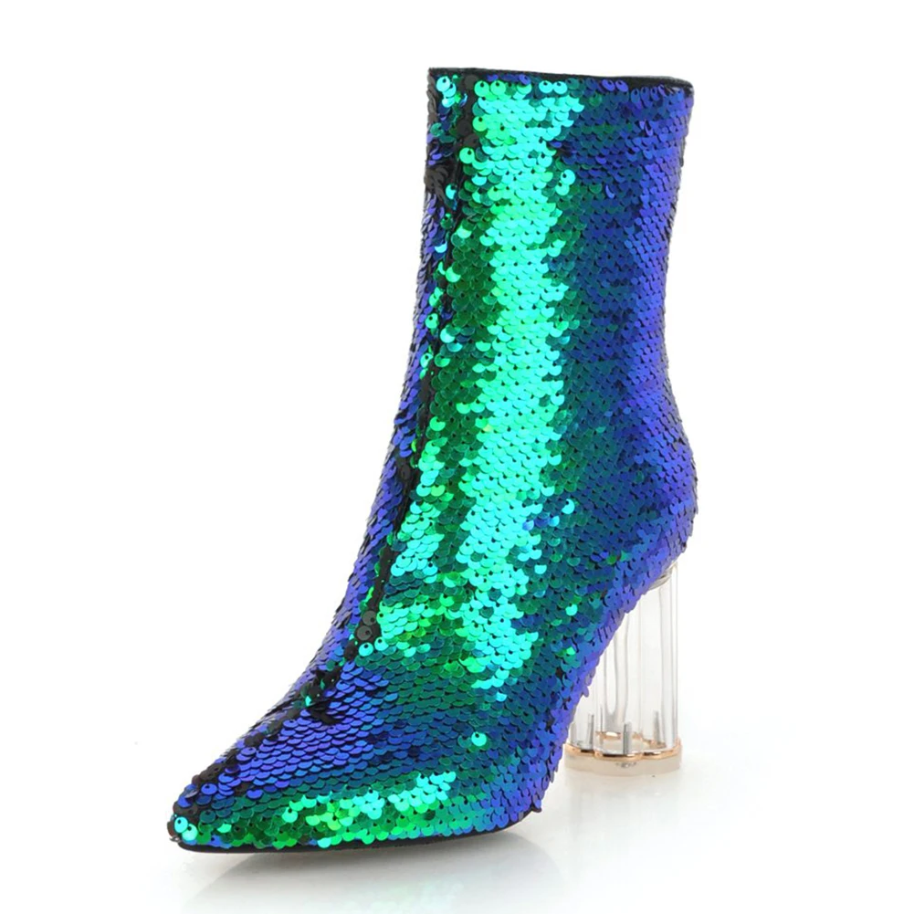 DoraTasia Fashion Sequined Cover Ankle Boots Female Autumn Winter Shoes Pointed Toe High Heels Boots Women Shoes - Цвет: green thin fur