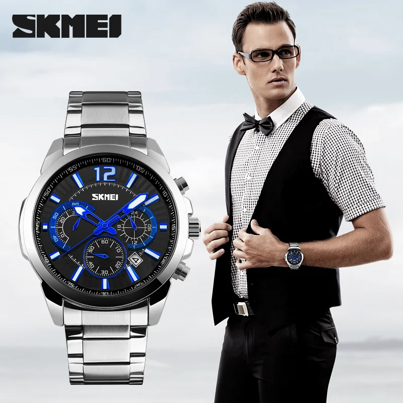 Watch Men SKMEI 9108 Fashion Multifunction Quartz Watches Stainless Steel Strap Waterproof Wristwatches