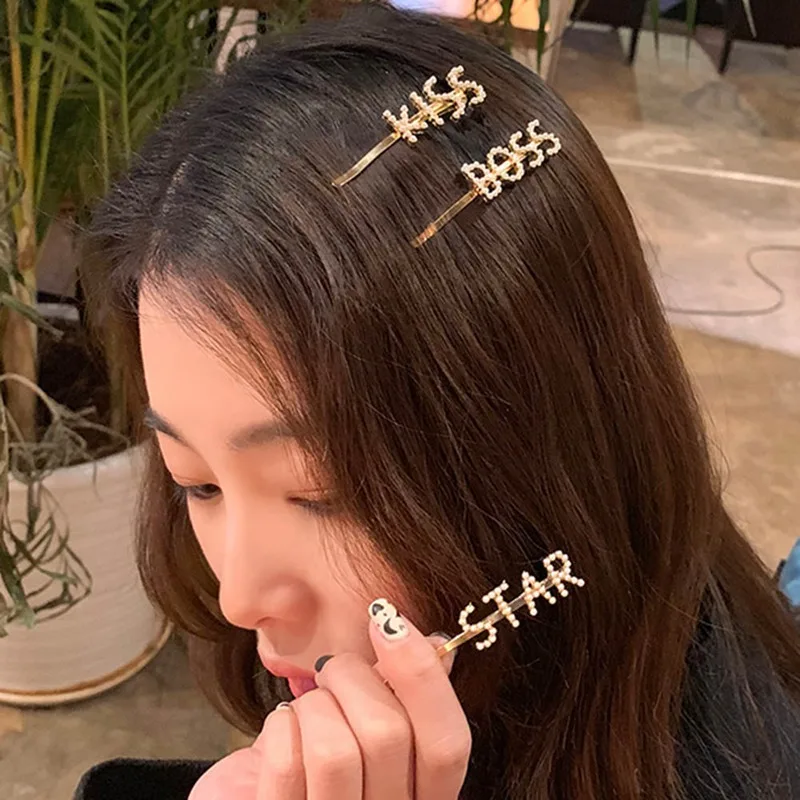 

1PC Pearl Imitation Hair Clip Snap Barrette letter STAR/ KISS/LOVE Stick Hairpin Hair Styling Accessories For Women Girls
