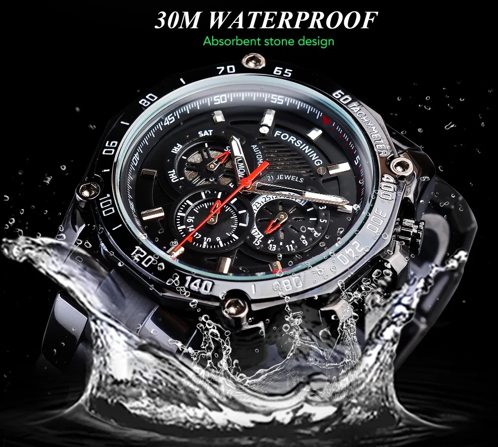 Forsining стимпанк Черный Стальной спортивный гоночный дизайн мужские автоматические наручные часы лучший бренд класса люкс военные механические мужские часы