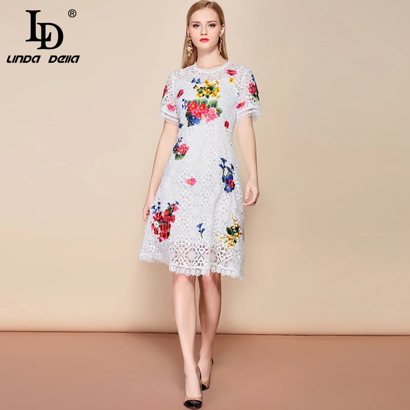 

LD LINDA DELLA 2019 Fashion Runway Summer White Lace Dress Women's Short Sleeve Hollow out Floral Embroidered Midi Elegant Dress