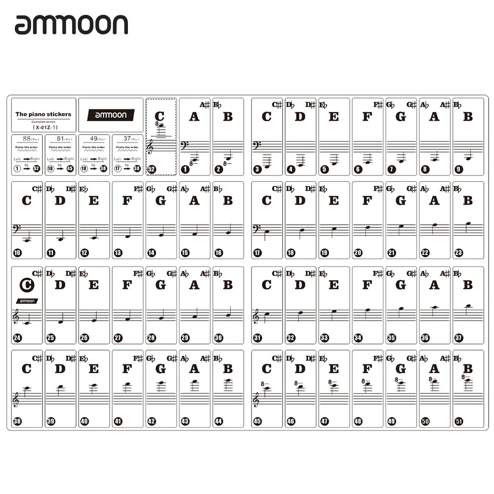 

ammoon Piano Colorful Keyboard Stickers for 37/ 49/ 61/ 88 Key Keyboards Removable for Kids Beginners Piano Practice Learning