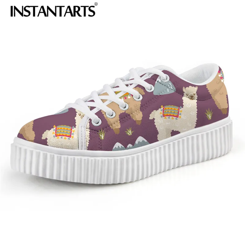 

INSTANTARTS Spring Women Flats Shoes Ladies Woman's Casual Lace Up Tenis Female 3D Cute Animal Alpaca Print Flat Platform Shoes