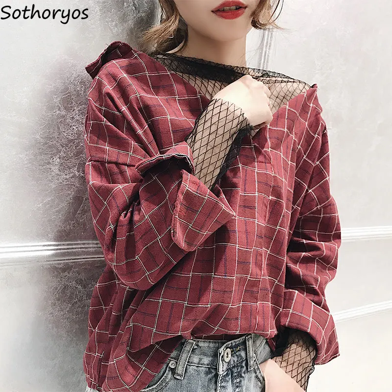 

Shirts Women Long Sleeve Lace Plaid O-NeckWomens Retro Loose Trendy Elegant Shirt All-match Elegant Blouses Leisure