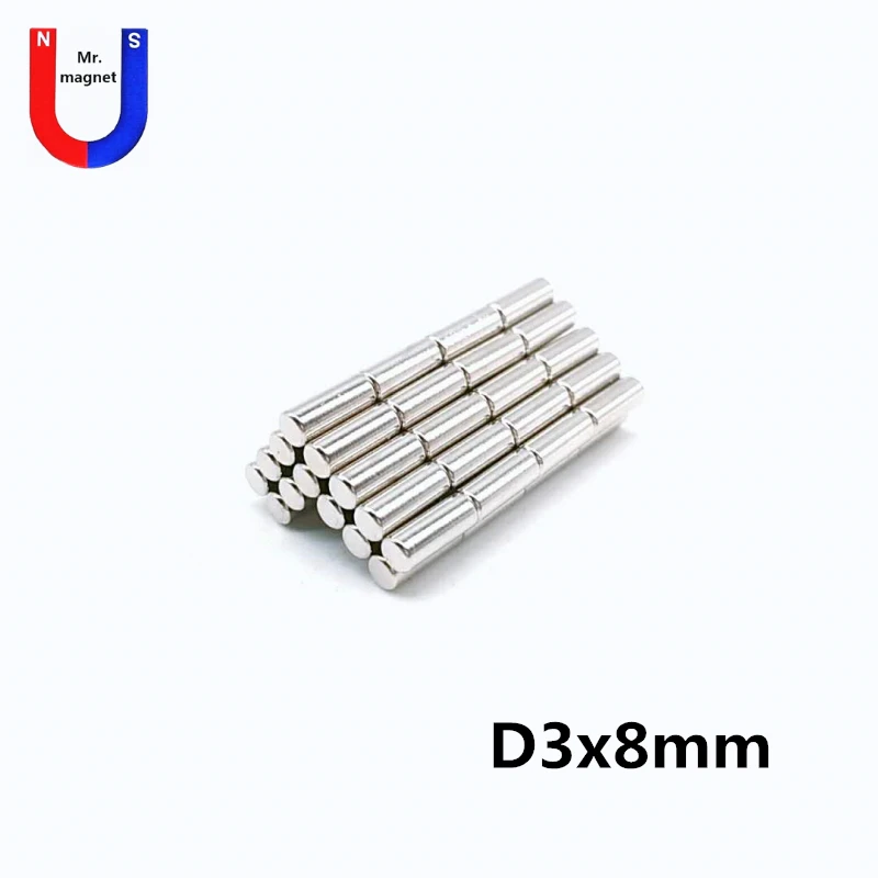 

500pcs 3X8 mm neodymium magnet 3x8 magnets super strong powerful NdFeB 3*8mm Mini small round magnet bar hot sale