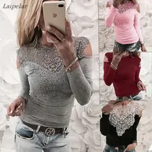 New Spring Autumn Long Sleeve T-shirt Women T Shirt Sexy Lace Crochet Off Shoulder Women Top Black Gray Pink Red Tee Shirt Femme black sexy off shoulder back splited t shirt