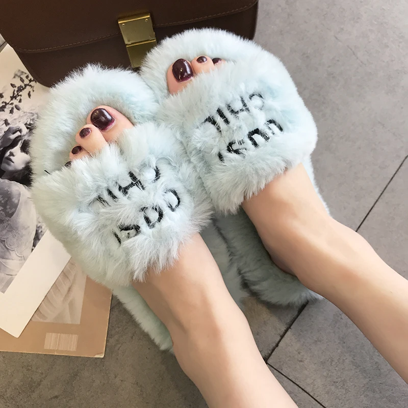 

Peep Toe fur home slippers letter decorate slides flat heels platform sandals genuine rabbit hair flipflops winter shoes women