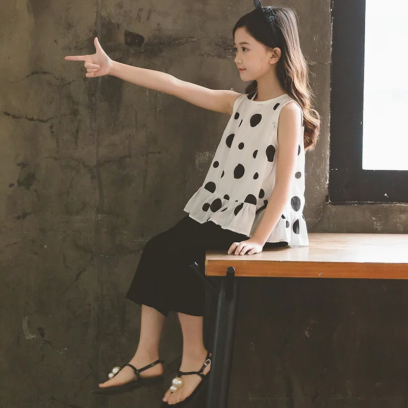 

2019 Summer Clothes Set Holiday Clothing Set For 8 10 12 Years Dot Sleeveless Shirt + Pant 2pcs School Costume For Girls Teens 9
