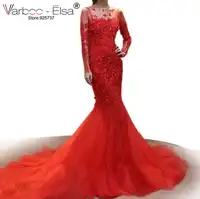 VARBOO_ELSA 2018 China Bridal Gown Red Lace Mermaid Wedding Gown 3D Appliques Beaded Long Sleeve Wedding Dress vestido de noiva