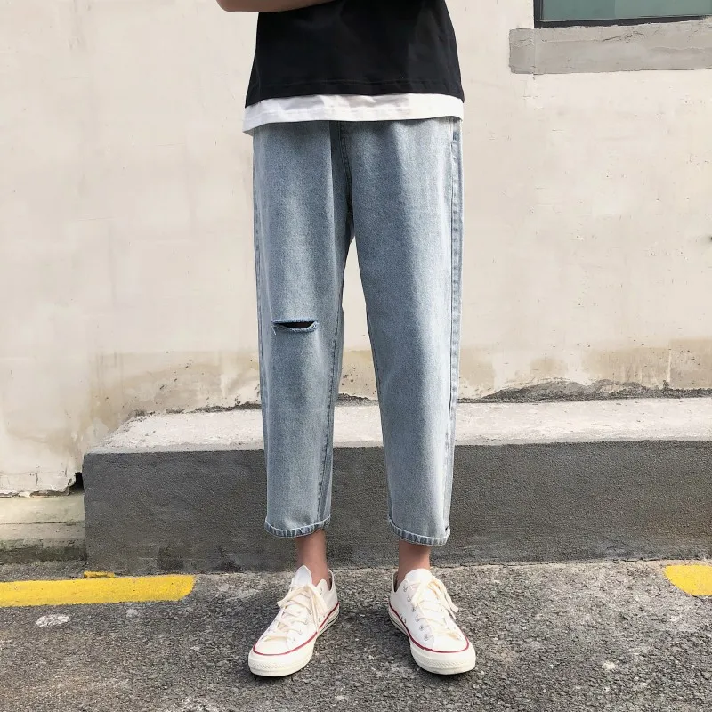 

Men's Jeans Summer Straight Pencil Pants Loose Washed Classic Blue Solid Hole Trousers Ankle-Length Casual Modis Denim Jeans Men