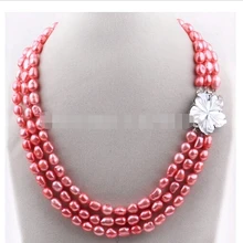 8-9 ММ Три Пряди Барокко Жемчужное Ожерелье с Shell Цветок Застежка, Свадебные Украшения