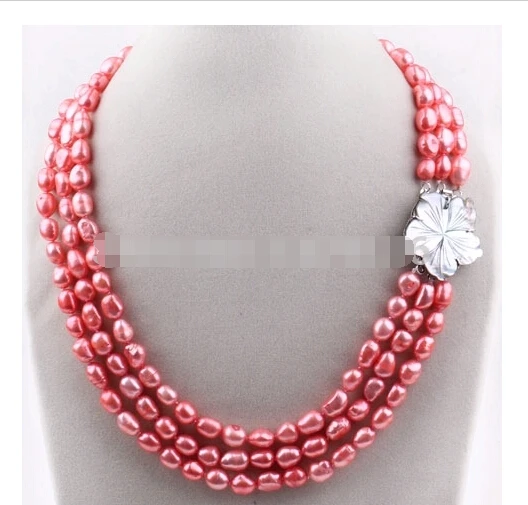 

wholesale 8-9MM Three Strands Baroque Pearl Necklace with Shell Flower Clasp Bridal Jewelry