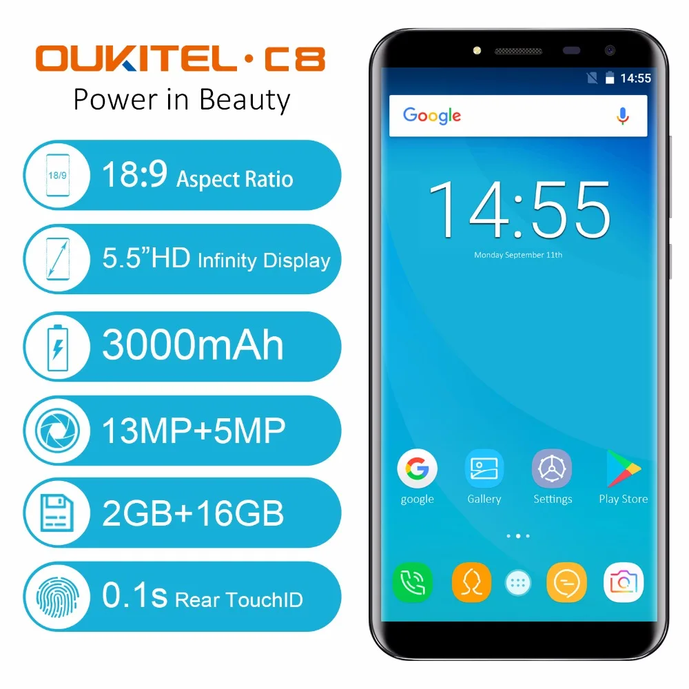 OUKITEL C8 5 дюйма 18:9 Бесконечность Дисплей 2 Гб Оперативная память 16 Встроенная MTK6580A 4