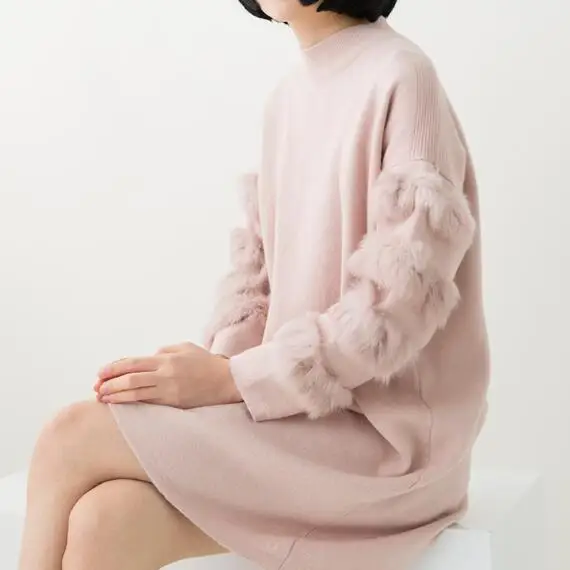 Rabbit real Fur Sweater Dress Autumn Long Sleeve splice Jumpers Women Sweaters Knitted Dresses Plus Size Clothing AH414 | Женская одежда