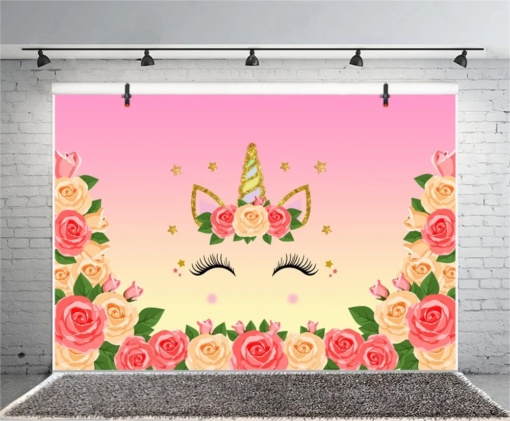 Laeacco Unicorn Party Flowers Illustration Portrait Baby Photography Backgrounds Custom Photographic Backdrops For Photo Studio