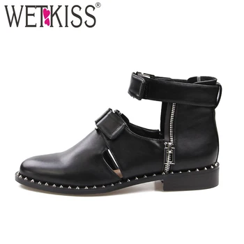 

WETKISS Thick Heels Summer Ladies Ankle Boots Fashion Neutral Women Shoes Rivet Metal Decoration Zip Buckle Round Toe Footwear