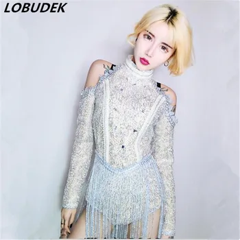 

Silvery tassels bright Crystals bodysuit sexy slim jumpsuit nightclub stage costumes singer show Jazz DJ DS performance wears