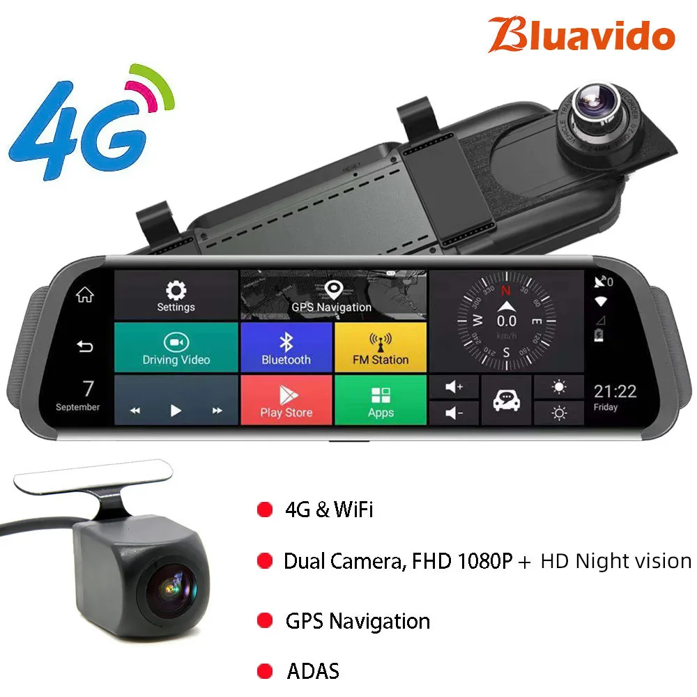 Автомобильный видеорегистратор Bluavido 4G ADAS, gps, Android 10 дюймов, поток медиа, зеркало заднего вида, FHD 1080 P, WiFi, видеорегистратор, регистратор - Название цвета: 4G with HD rear cam