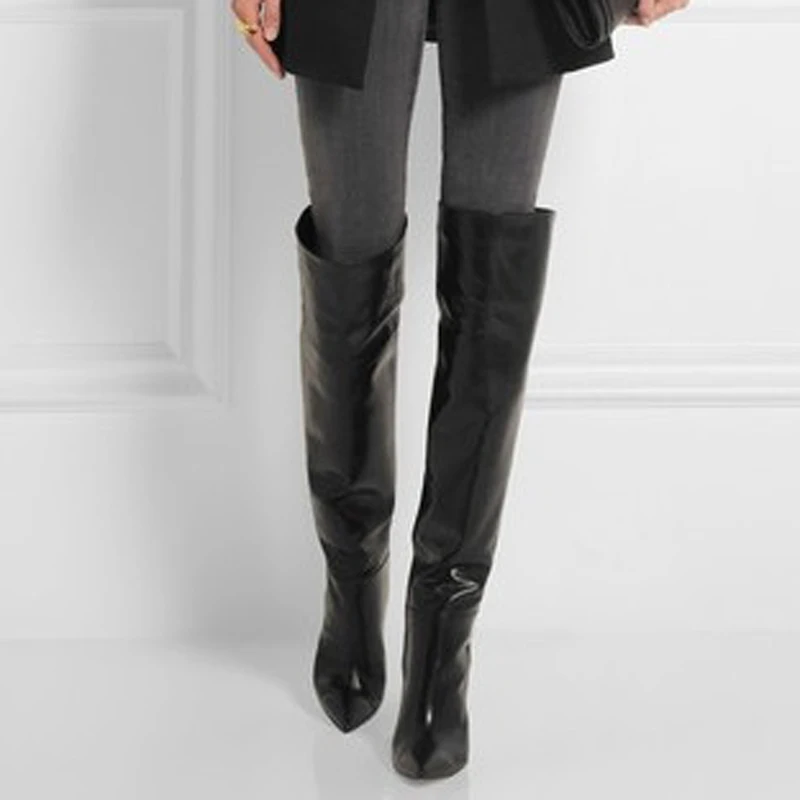 2019 En Rodilla Elegante La Sobre Cuero Invierno Tacones El Gran Black Mujeres De Sexy Las Moda Negro Botas Tamaño Punta 68wXaq1x