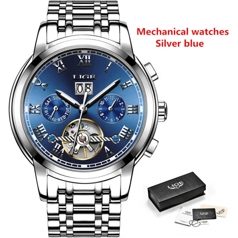 LIGE мужские часы Лидирующий бренд модные роскошные деловые автоматические механические часы мужские военные полностью стальные водонепроницаемые часы Relogio - Цвет: Steel Silver Blue