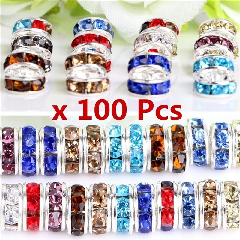 

100Pcs Metal Silver Austira Pink Crystal Rhinestone Rondelle Spacer Beads DIY 8mm 9 Colors Cristal Perlen