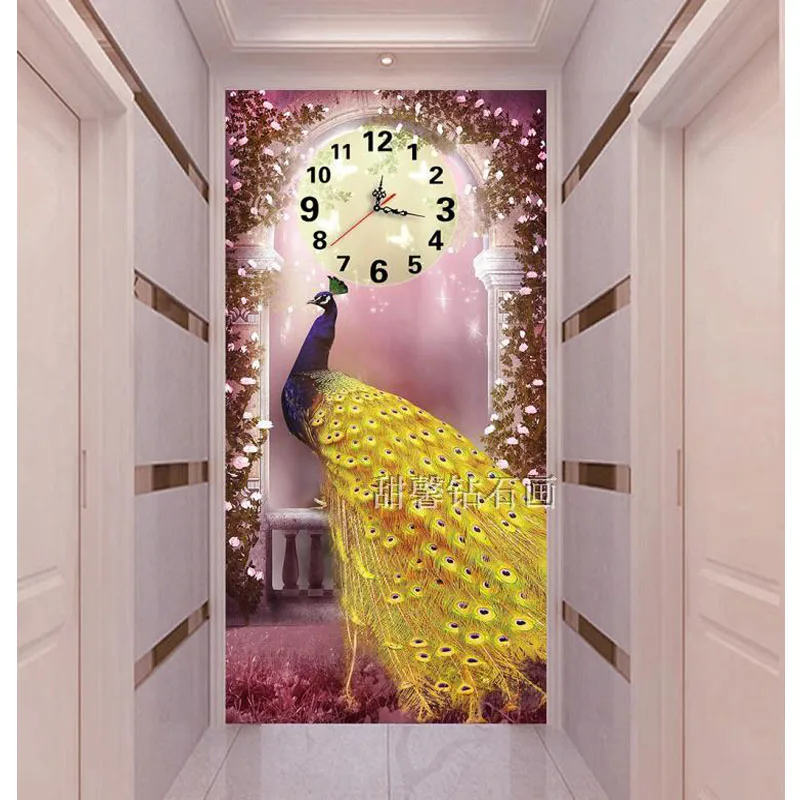 

Corridor Square Drill Diamond Embroidery,Diamond Painting,Romantic Golden Peacock Clock, Vertical Edition Cross Stitch Kit