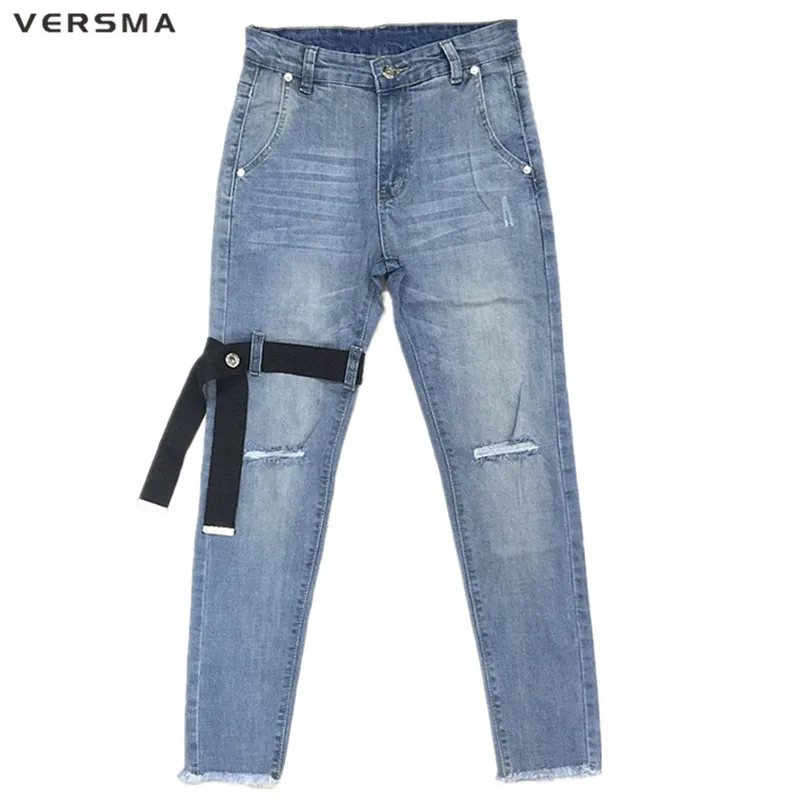 VERSMA хип-хоп Уличная одежда, облегающие джинсы, рваные джинсы, Мужские корейские Harajuku SUGA GD ленты, Лоскутные, для бега, для мотоцикла, джинсы, брюки - Цвет: Blue