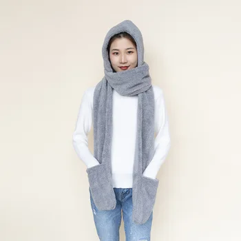 

2019 New Women Long Hat Cap Hand Keep Warm Piece Glove Hooded Fur Scarf Collar Winter