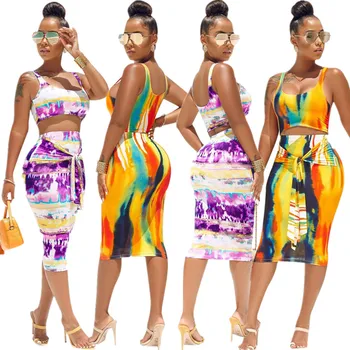 

2019 women's summer tie dye printed tank top tie bodycon knee-length dress suit two piece set sexy dress 2 color