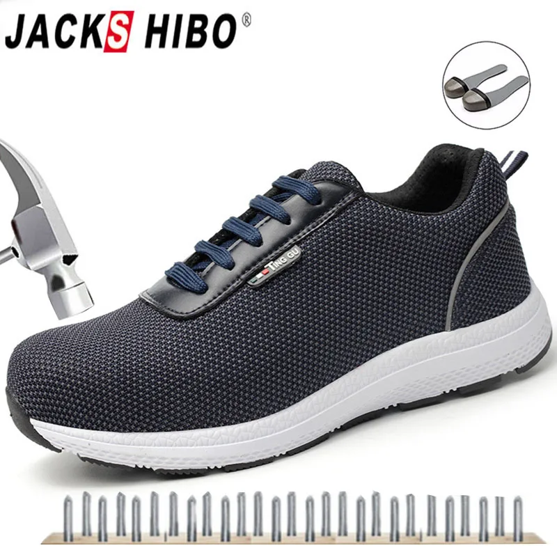 JACKSHIBO الرجال أحذية عمل واقية السلامة تو الصلب الأحذية زائد حجم الرجال الصلبة ثقب واقية الأحذية تنفس الأحذية الواقية