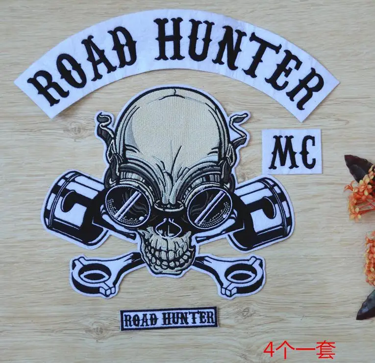 

Large Size ROAD HUNTER Motor Cycle Embroidered Patches Jacket Iron MC Patches T Shirt Patch Stickers Lager 4pcs/set