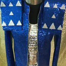 Индивидуальные размера плюс S-4XL Мужская куртка блесток Блейзер Синий Яркий костюм певица танец Пром сценическая одежда ночной клуб Верхняя одежда наряд