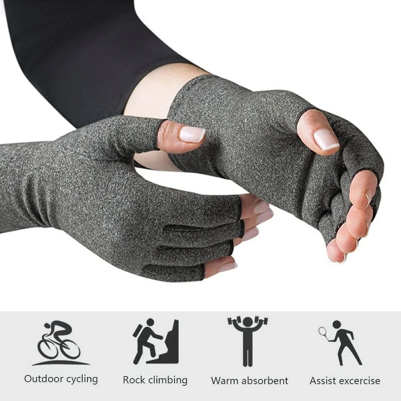 Grey Women Men Therapy Compression Open Fingers Gloves Hand Arthritis Joint Pain Relie Cotton Elastic Hand Gloves