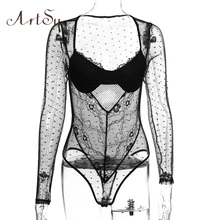 ArtSu пикантные сетчатые кружевные прозрачные боди для женщин с длинным рукавом облегающий v-образный вырез боди осень зима Повседневный Комбинезон ASJU60205