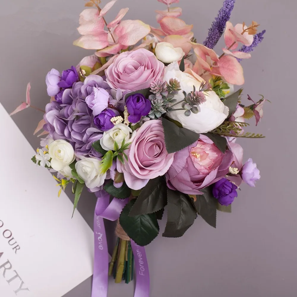 JaneVini романтичный Свадебный букет искусственное фиолетовое шелковое Роза Ramos Flores Свадебные аксессуары с цветами