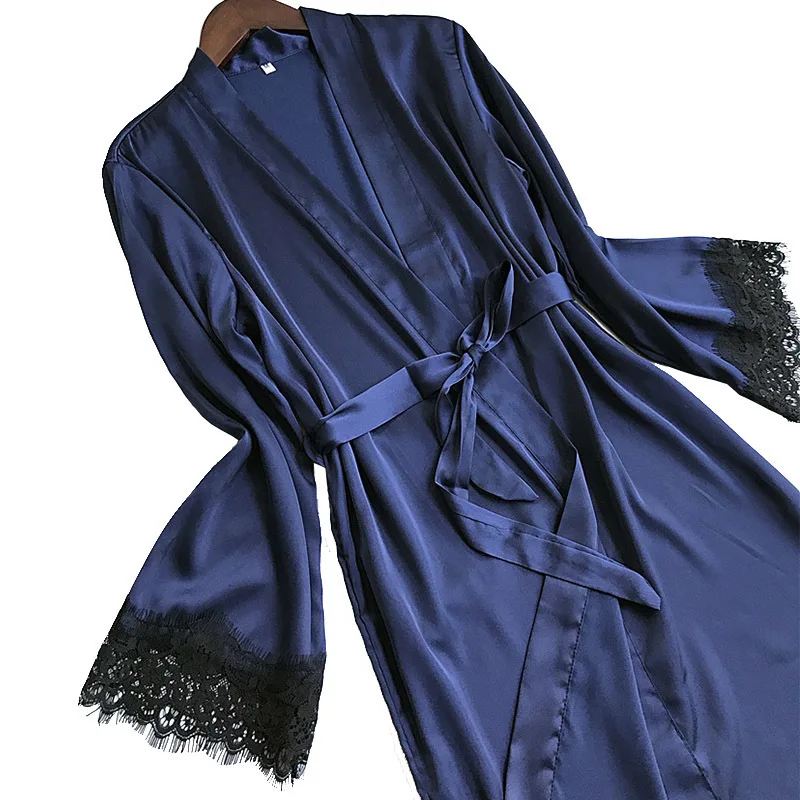 Новинка 2018 г. женские пикантные Silk Satin Robe дамы пижамы Винтаж кружева стороны халаты Ночная сбоку slip сплошной 4 вида цветов